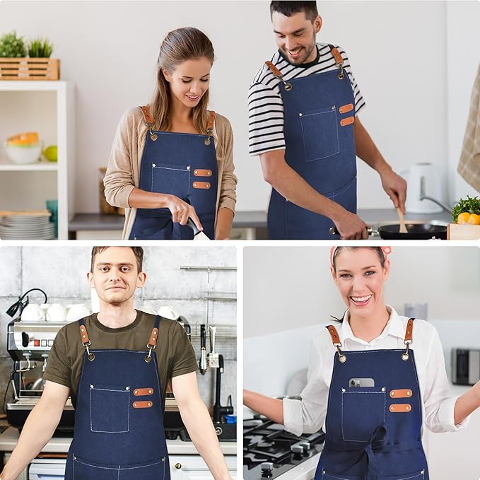 OUNLEN Chef Apron for Men Women Canvas Aprons with 3 Pockets Cross Back Resistant Work Apron for Cooking