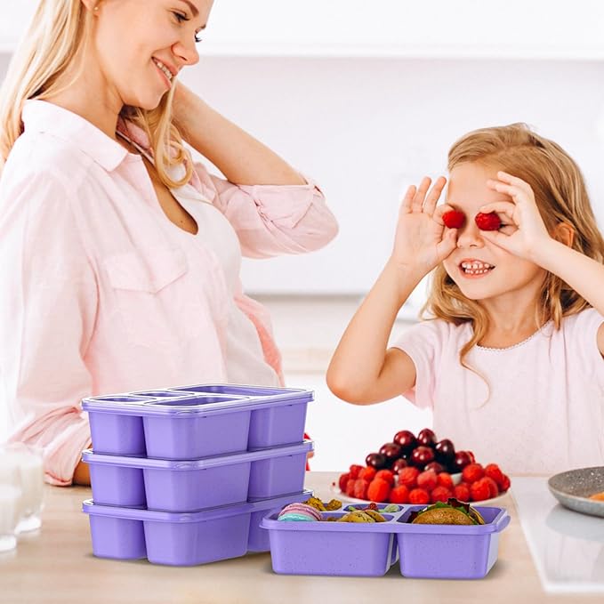 Bento Box 4-Pack 5-Compartment Meal Prep Containers, BPA-Free Plastic, Stackable Food Storage Lunch Boxes for Adults and Kids, School Work Travel (Purple)