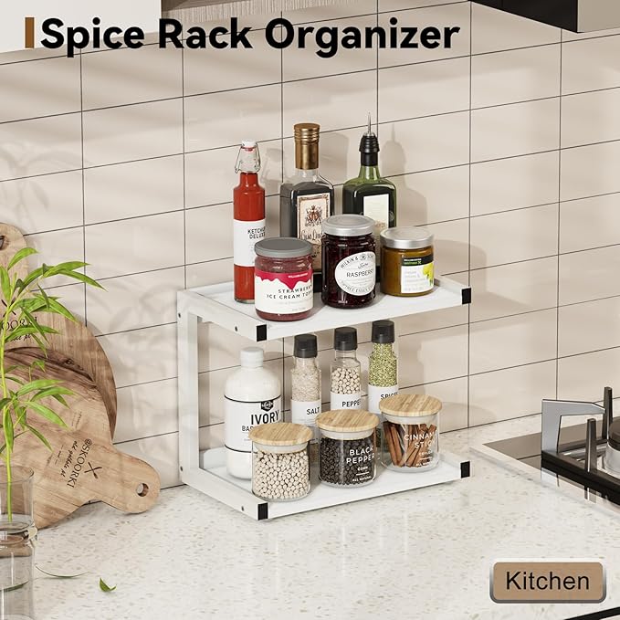MARTY 2 Tier 12.6"x7.7" Counter Shelf Organizer Kitchen Spice Rack for Countertop, Coffee Station Organizer for Mugs Cups, Wood Shelf Desk Storage Organizer for Bathroom Home Office (White)