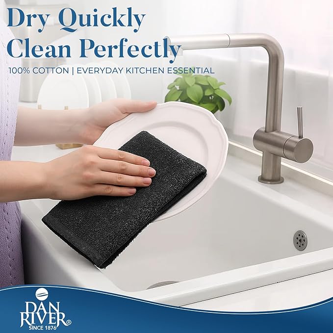 DAN RIVER Kitchen Bar Mops,Pack of 12,16 by 19 Inches,100% Cotton Super Absorbent,Multi-Purpose Cleaning Towels for Home and Kitchen Bars-Black