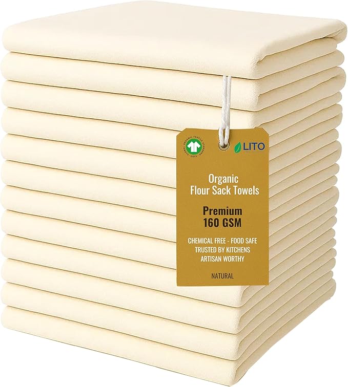 Flour Sack Towels | Tea Towel for Crafts| Kitchen Dish Cotton Blank Towel for Embroidery| Baking Bread Proofing Linen Cover| Super Absorbent Quick Dry| 12 Pack 28"x28" Natural