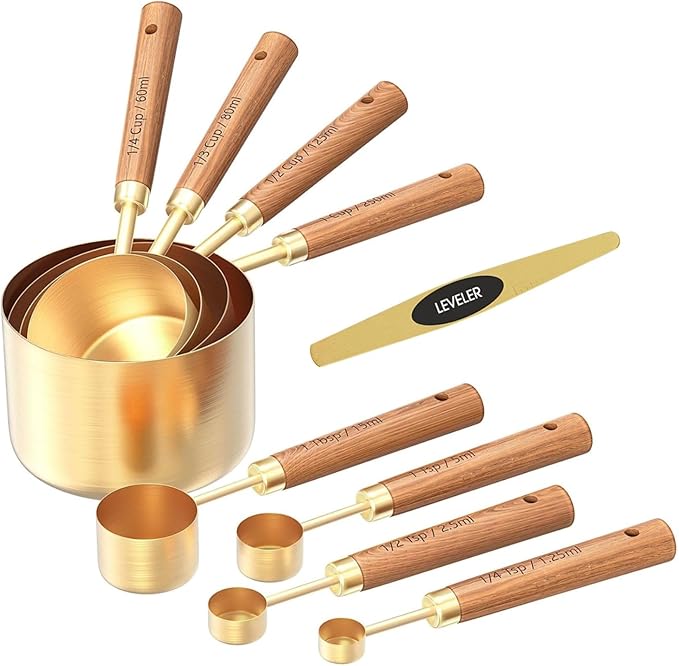 NAZANIN Gold Measuring Cups and Spoons Set with Leveler - 9 Piece Luxury Acacia Wood & Stainless Steel - Aesthetic Kitchen Decor - Professional Baking Tools - Wedding & Housewarming Gift
