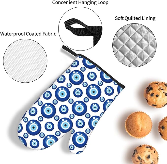 Blue Evil Eyes Oven Mitts and Pot Holders Sets of 3 Funny Hot Pads Heat Resistant Non Slip Washable for Cooking Grilling Baking BBQ Kitchen Decor