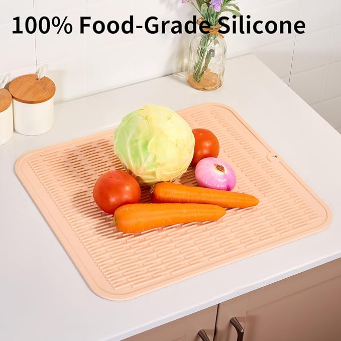 ZLR Large Silicone Dish Drying Mat (16" x 18") - XL Heavy Duty Drainboard Mat for Pots, Pans & Family Loads - Heat Resistant Trivet & Counter Protector, Easy Clean (Peach Pink)