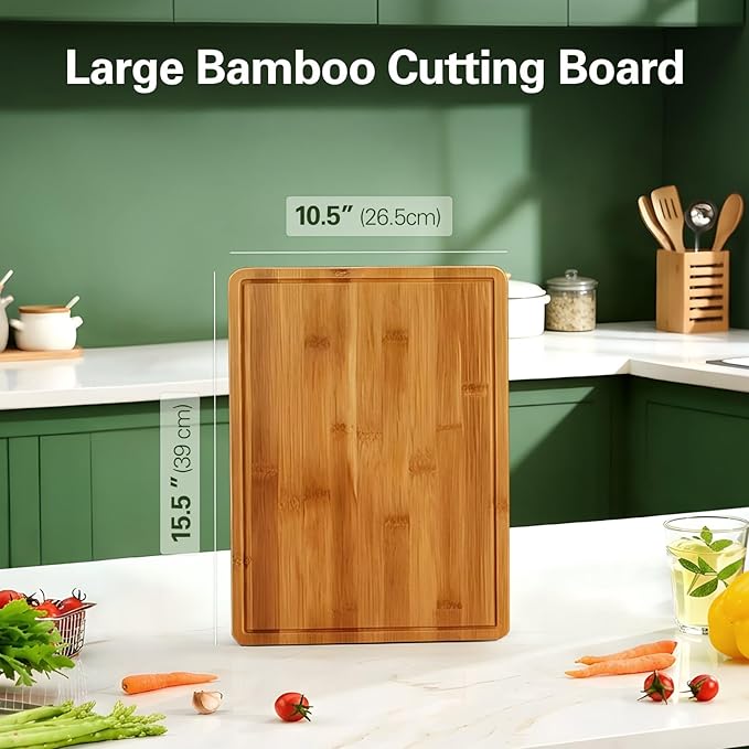 Zarler Bamboo Cutting Boards for Kitchen, 15.5x10.5 Durable Wood Cutting Board with Juice Grooves and Handles, Wooden Chopping Board for Meal Prep, 500℉ Carbonized Bamboo, XL Size, Ideal Kitchen Gift