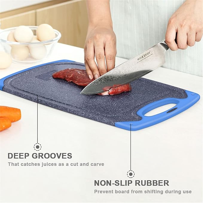 Plastic Cutting Board, 3 Pieces Dishwasher Safe Cutting Boards with Juice Grooves, Easy Grip Handle, Non-Slip, with Grinding Area for Grinding Garlic and Ginger（blue）