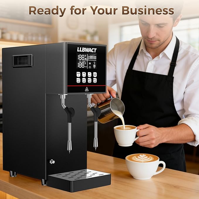 Dual-Head Commercial Steam Milk Frother, 2 Independent Wands, 15s Fast Frothing, 2000W 8L Continuous Steam, Independent Temp Control with LED Display for High-Volume Coffee Shop Restaurant