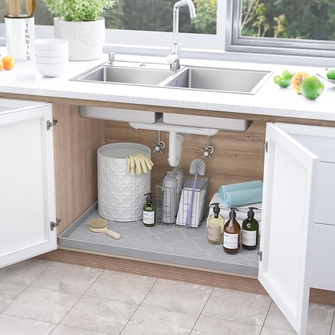 SIKADEER 37" x 22" Under Sink Mat Waterproof, Silicone Mat Kitchen Drawer Shelf and Cabinet Liner, Sink Protector for Kitchen Organizers and Storage, Boot Tray Pet Food Mats