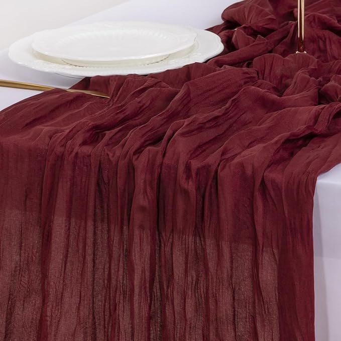 Socomi 6pcs Burgundy Red Valentine's Day Cheesecloth Table Runner Boho Rustic Gauze 120 inch 10FT Cheese Cloth Runner for Wedding Party Baby Shower Birthday Home Decor Holiday Decorations