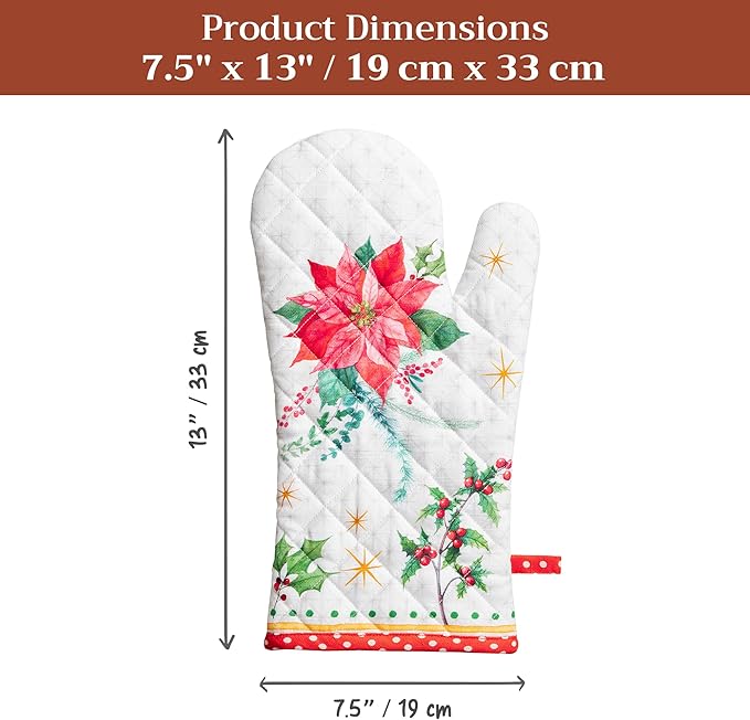 Maison d' Hermine Oven Gloves 100% Cotton Oven Mitt 7" x 13" with Loop Heat Resistant Cooking Gloves for Thanksgiving Christmas Decorations Baking Handling Hot Pans (Pack of 1, Poinsettia Christmas)