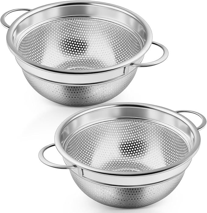 P&P CHEF Colander Strainer Stainless Steel 3 Quart, Metal Micro-Perforated Colander for Kitchen Food, Ideal for Rinsing Washing Draining, Dishwasher Safe, Shiny Silver, 2PCS