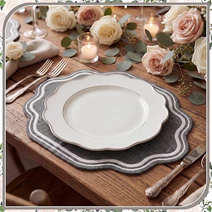 Breling 6 Pcs Wedding Placemats Scalloped Embroidered Cotton Linen Placemats 17" x 13" Double Layered Machine Washable Table Place Mat for Party Table Decor (Gray)