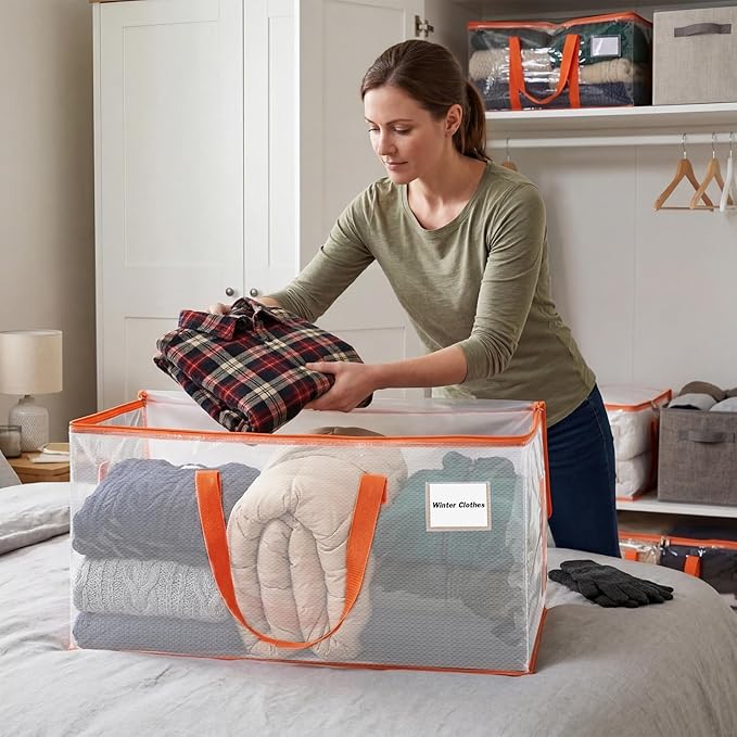 KYODOLED Clear Moving Bags with Orange Handles, 2-Pack Heavy Duty Storage Totes for Clothes & Bedding, Extra Large 27"x14"x15" (24 Gal), Foldable Transparent Moving Supplies with Label Pocket