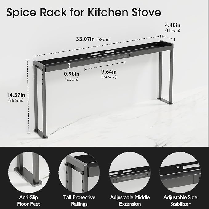 Bumusty Adjustable Stove Top Shelf,Over Shelf for Stove – Expandable 4-Level Spice Rack & Kitchen Organizer, Anti-Slip Metal Construction, 27"–33" Length, 11"–14" Height, Black