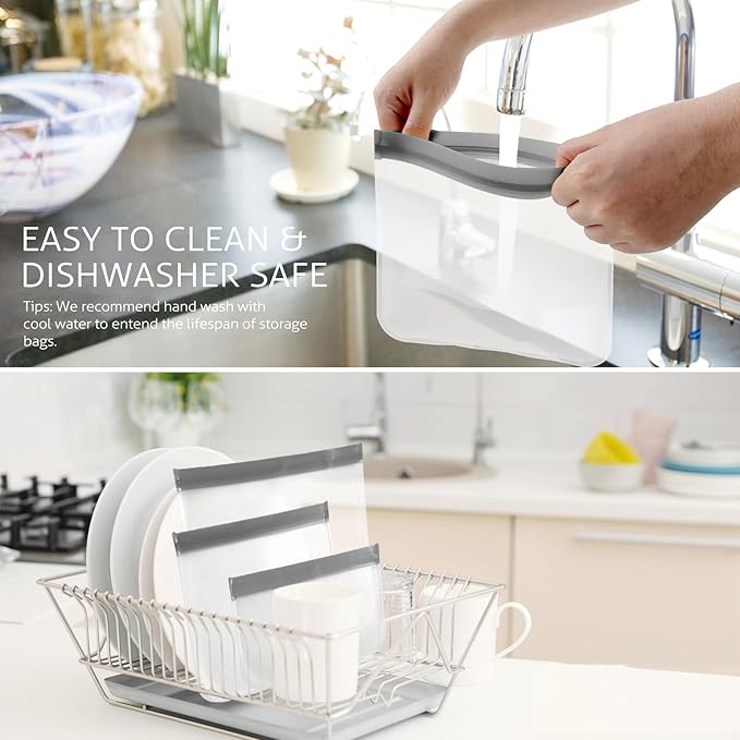 Reusable Gallon Storage Bags, 10 Pack Dishwasher Safe Silicone Food Storage Bags with 3 Sizes for Marinate Meats, Sandwich, Snack, Cereal (grey)