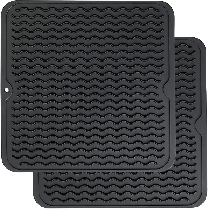 ZLR 2 Pcs Silicone Dish Drying Mat 12" x 12" Square - Small Heat Resistant Trivet & Countertop Protector for Air Fryer, Coffee Maker - Waterproof Kitchen Drain Pad for Cups, Fruit (Black)