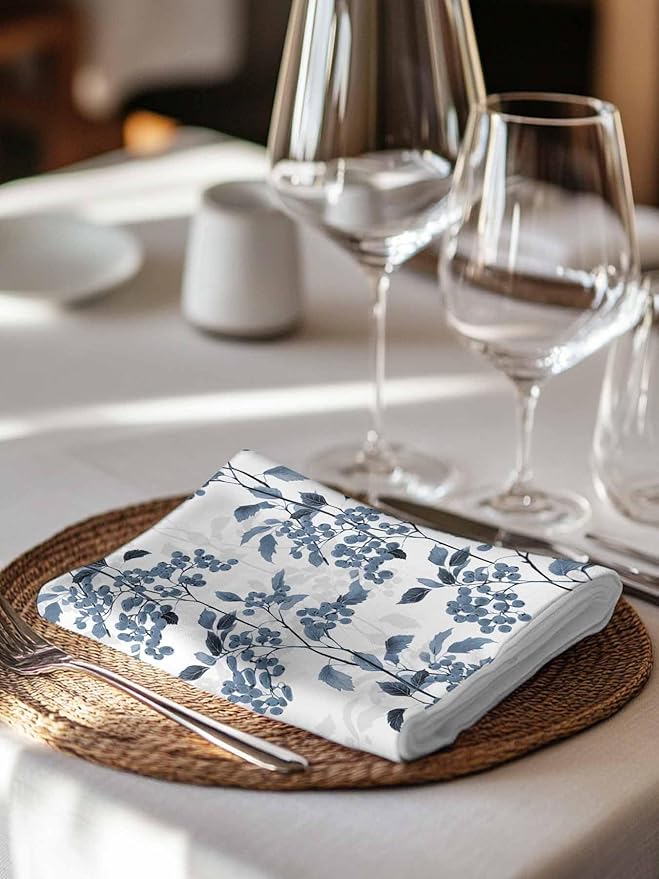 Blue Floral Plant Cloth Napkins Set of 6 - Washable Dinner Napkins Reusable Table Napkins for Home Party Weeding Dining Table Setting Decor,Oversized Grey Modern Minimalist White Floral Spring Summer