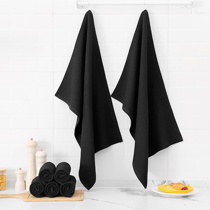 Kitinjoy 100% Cotton Waffle Weave Kitchen Towels (20 X 28 Inches, Black), 4-Pack Super Soft and Absorbent Dish Towel for Drying Dishes
