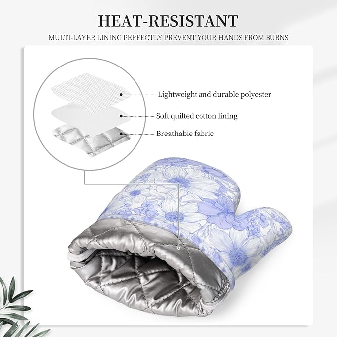 Oven Mitts and Pot Holders Pastel Blue Flower Vintage Silicone Kitchen Accessories Set of 2 Heat Resistant Long Gloves Potholder Non-Slip Grip for Chef Cooking,Baking,Grilling,BBQ