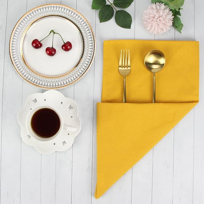 Solid Color Cotton Blended Dinner Cloth Napkins - Set of 12 (17 x 17 inches) - for Events & Home Use (Yellow)