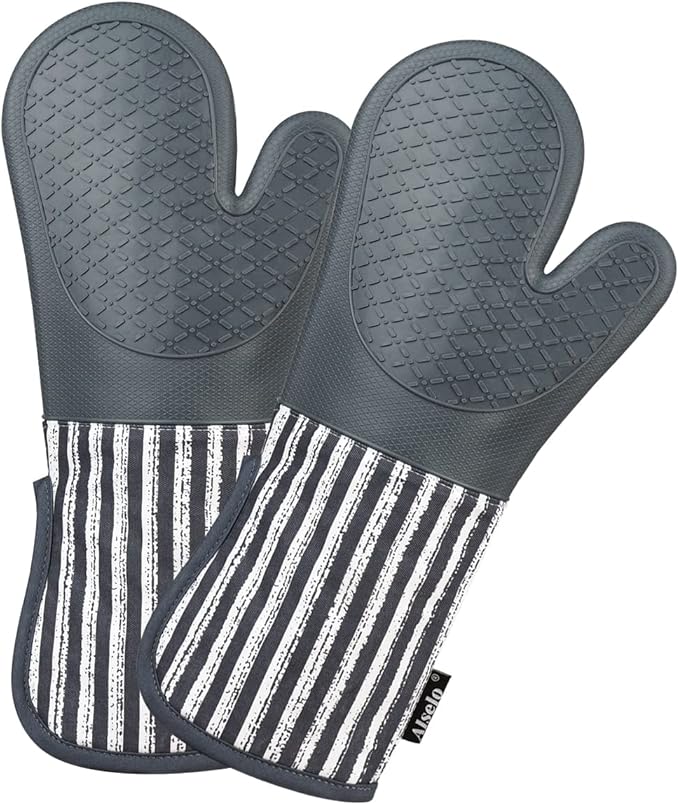 Alselo Silicone Oven Mitts Heat Resistant 932℉ with Waterproof & Non-Slip Kitchen Mittens, Set of 2 Extra Long Oven Gloves with Soft Cotton Terry Lining for Baking Cooking Barbecue
