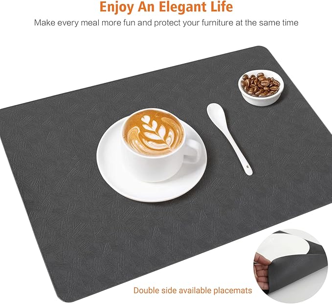 Vinyl Placemats Set of 8 Heat Resistant Easy Clean Non-Slip Place Mats for Dining Table Faux Leather Waterproof Stain Resistant Wipeable Washable PVC Table Mats(8, Gray)