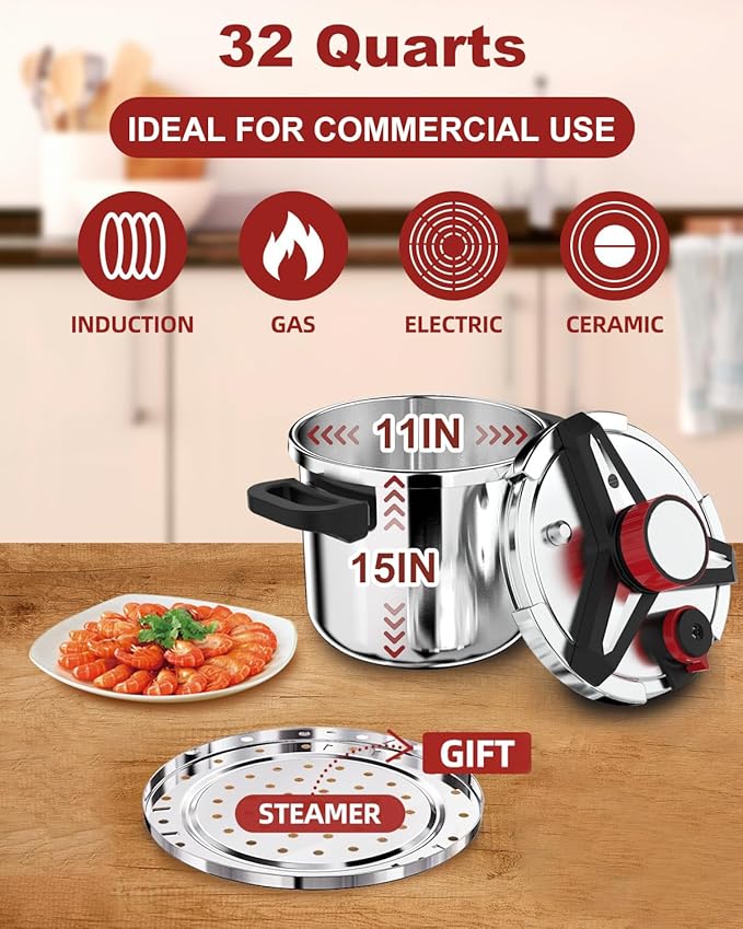 18/8 Stainless Steel Pressure Cooker 32 QT: [Explosion-Proof] [One-Hand Locking] Stainless Steel Pressure Canner, Induction Compatible, Steamer Rack Included, Olla de Presion