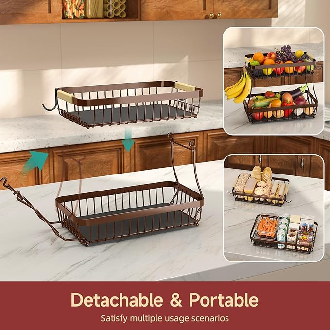 Sevenblue 2 Tier Large Fruit Basket for Kitchen Counter with 2 Mobile Banana Hangers, 2026 Pro Detachable Metal Fruit Bowl with Wooden Handle (Brown, 2 Tier Extra Large)
