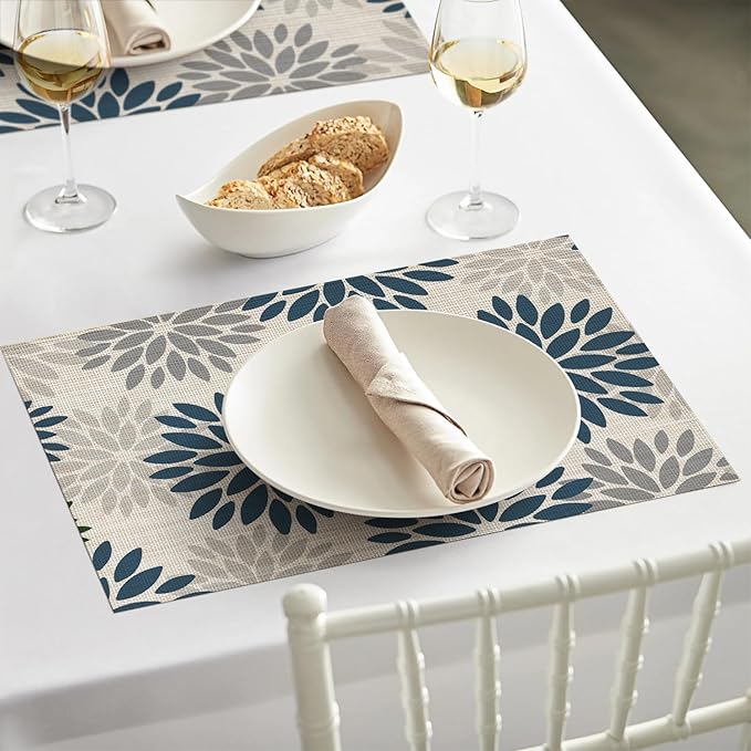 Artoid Mode Floral Vinyl Plistic Placemats Set of 6, Heat Resistant Washable Non-Slip PVC Place Mats for Party Kitchen Dining Decor, Blue Grey