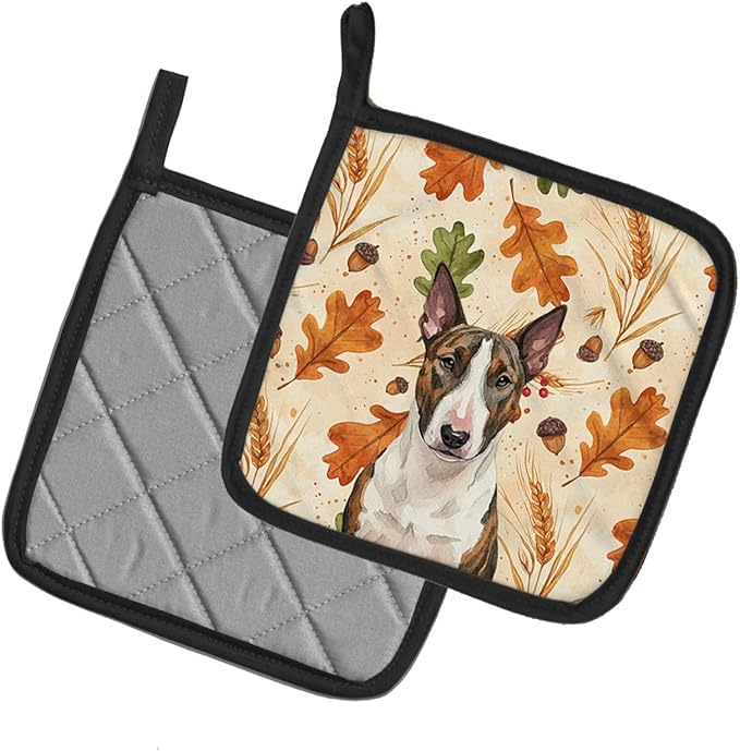 Caroline's Treasures Brindle and White Bull Terrier Heirloom Fall Pair of Pot Holders Pair 7.5x7.5 Quilted Insulated Hot Pads Decorative Kitchen Gift Made in USA