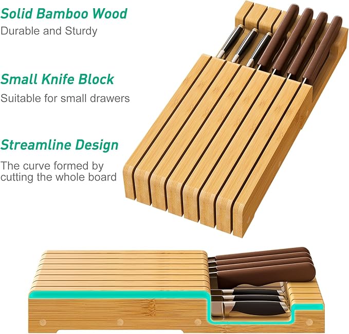 Knife Holder, Knife Organizer Drawer Insert, In-Drawer Bamboo Wood knife block, Drawer Knife Storage Steak Knife Holder Without Knives, Holds up to 7 Knives