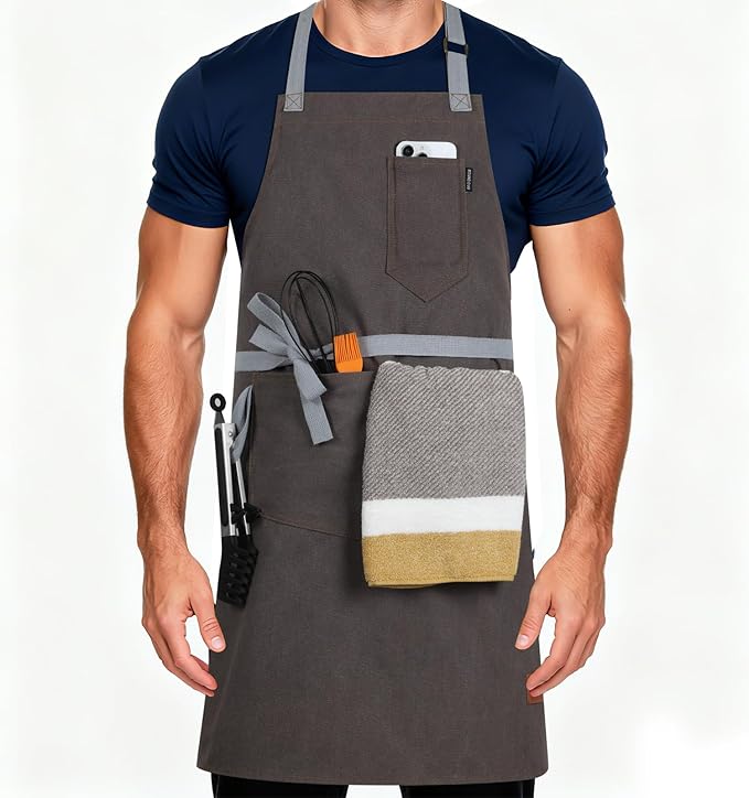 Womens Apron with Pockets Adjustable Shoulder Strap,Aprons for Men 38.5" Extra-Long Straps Fit More Body Types,Chef Apron for Kitchen Garden Barbecue Woodworking(Gray)