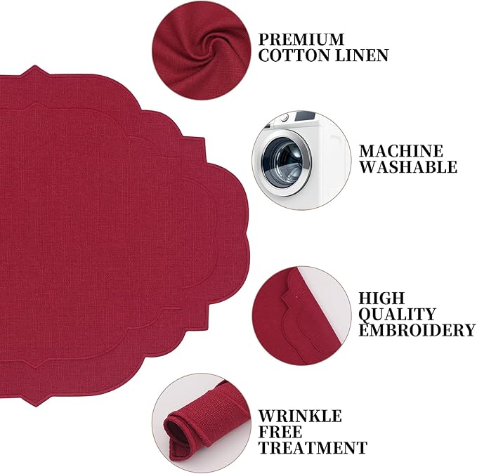 Cotton Linen Oval Placemats Set of 4, HADEEONG Table Mats Cloth Placemats, Washable Wrinkle Resistance, Scalloped & Embroidered Fabric Placemats, 17.71 x 13.77inch (Wine Red, 4)
