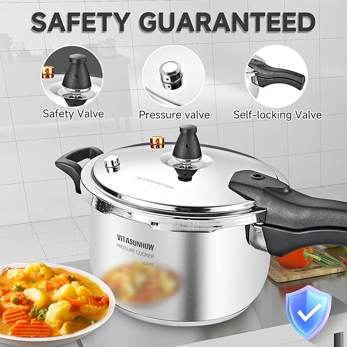 Stainless Steel Pressure Cooker with Steamer Basket, Faster Cooking and Safety Pressure Release (9-Liter)