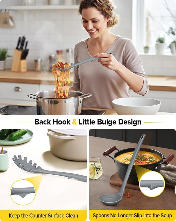 Silicone Pasta Fork and Soup Ladle Set, Heat Resistant Non Stick Kitchen Utensils with Back Hooks, Suitable for Cooking, Stirring, Serving Spaghetti, Soup, Sauce (GRAY)