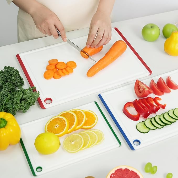 Kikcoin Plastic Cutting Boards for Kitchen, 3-Piece Large Cutting Board Set Dishwasher Safe Chopping Boards with Non-slip Feet and Juice Grooves, Multicolor