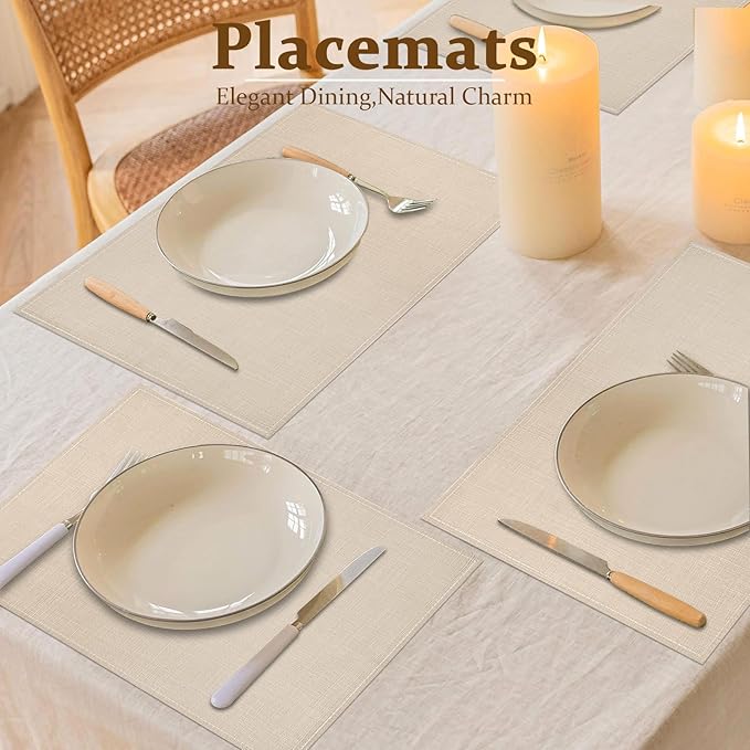 Bloss Beige Placemats Set of 6-12x18 Inch Table Mats Washable Heat-Resistant Place Mats for Dining Table, Easy to Clean Seasonal Place Mats for Holiday Party Kitchen Dining Table Decoration