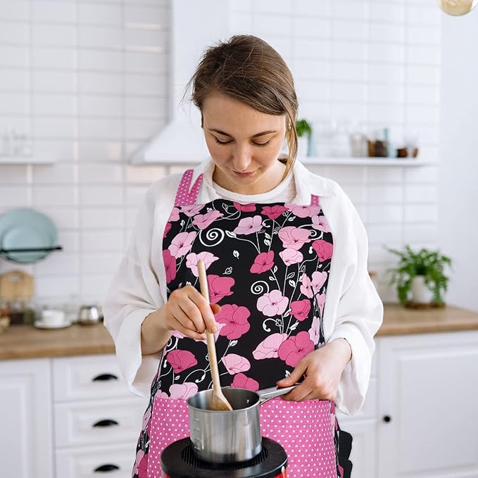 G2PLUS Cotton Kitchen Apron with Pocket, Adjustable Cooking and Baking Apron for Women, Floral Chef Apron for BBQ, Housewarming Gift, Farmhouse Kitchen Decor (Pink + Black)