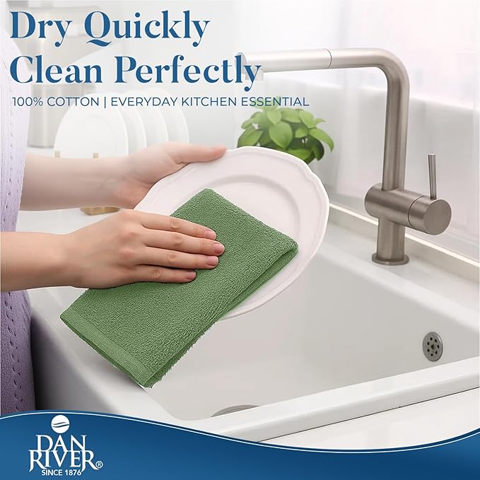 DAN RIVER Kitchen Bar Mops,Pack of 12,16 by 19 Inches,100% Cotton Super Absorbent,Multi-Purpose Cleaning Towels for Home and Kitchen Bars-Sage Green