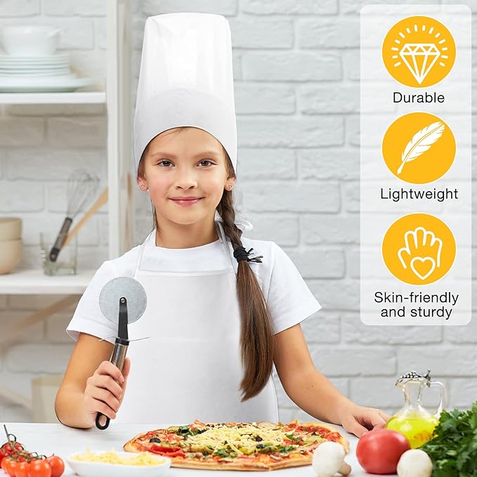 JaGely 60 Pcs Kids Chef Hat and Apron Set Chef Aprons and White Hats Non Woven Fabric Costume for Girls and Boys Cooking