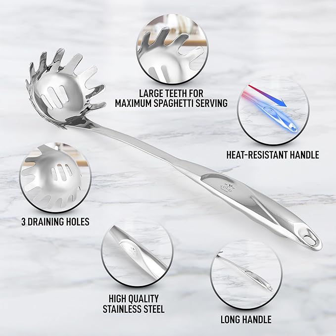 Zulay Kitchen Stainless Steel Spaghetti Spoon - 12” Pasta Spoon with Teeth & Draining Holes - Rust-Resistant Pasta Fork for Noodles & Pasta - Dishwasher Safe Utensil for Everyday Use