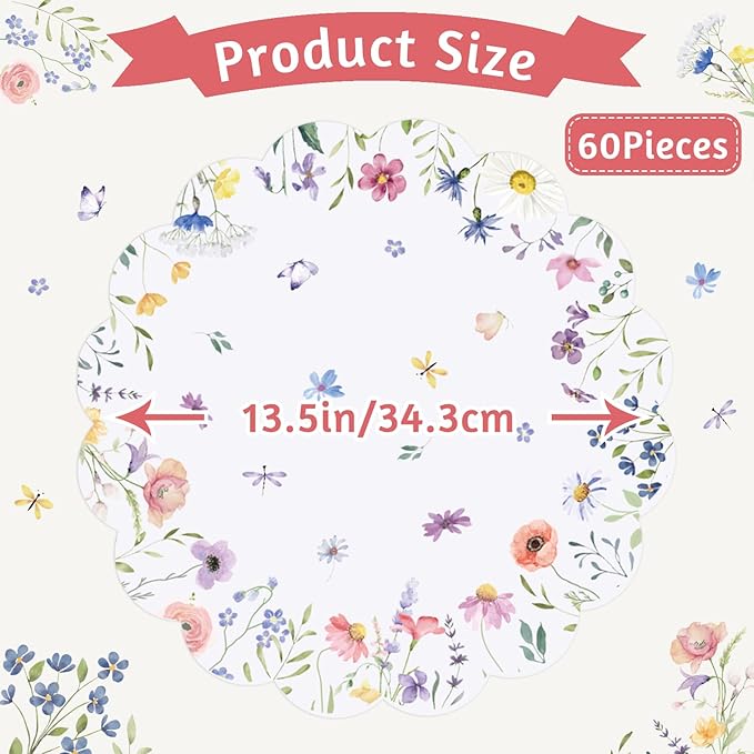 60Pcs Spring Flower Paper Placemats, 13.5 Inch Disposable Floral Placemat Round Wildflower Butterfly Place Mats Scalloped Table Mat for Mother's Day Wedding Banquet Baby Shower Bridal Shower Tea Party
