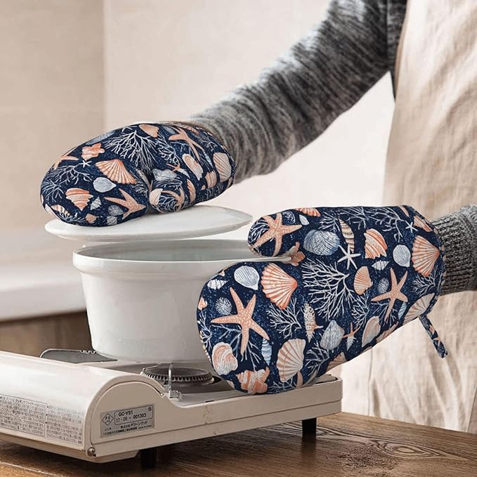Seashell Silicone Oven Mitts Set of 2, Heat Resistant up to 500°F, Kitchen Oven Gloves with Non-Slip Grip and Soft Cotton Lining for Baking, Cooking and BBQ