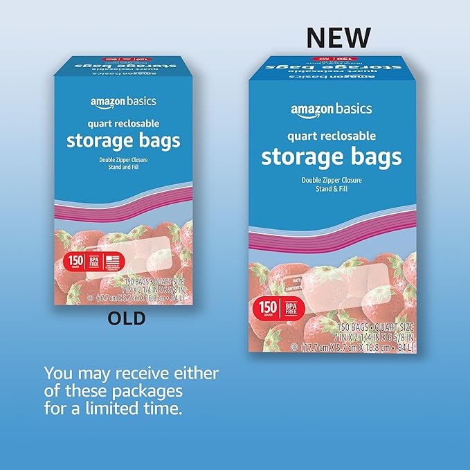 Amazon Basics Reclosable Quart Food Storage Bags, BPA Free, 150 Count (Pack of 2)