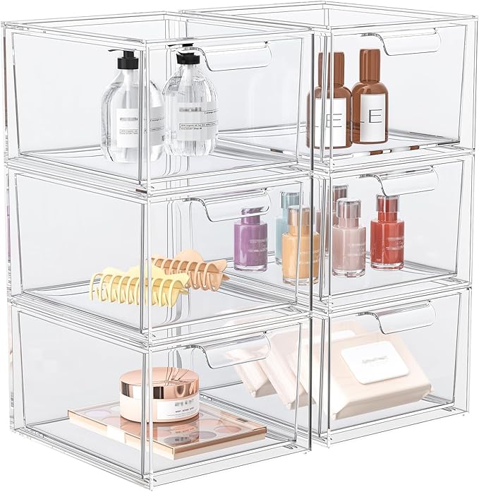 SpaceHacks 6 Pack Stackable Makeup Organizer and Storage, Acrylic Organizers，Clear Plastic Storage Drawer with Pull-Out Handles for Vanity, Undersink, Kitchen Cabinets, Pantry