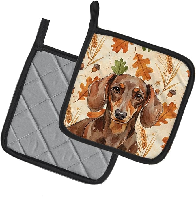 Caroline's Treasures Chocolate and Tan Dachshund Heirloom Fall Pair of Pot Holders Pair 7.5x7.5 Quilted Insulated Hot Pads Decorative Kitchen Gift Made in USA