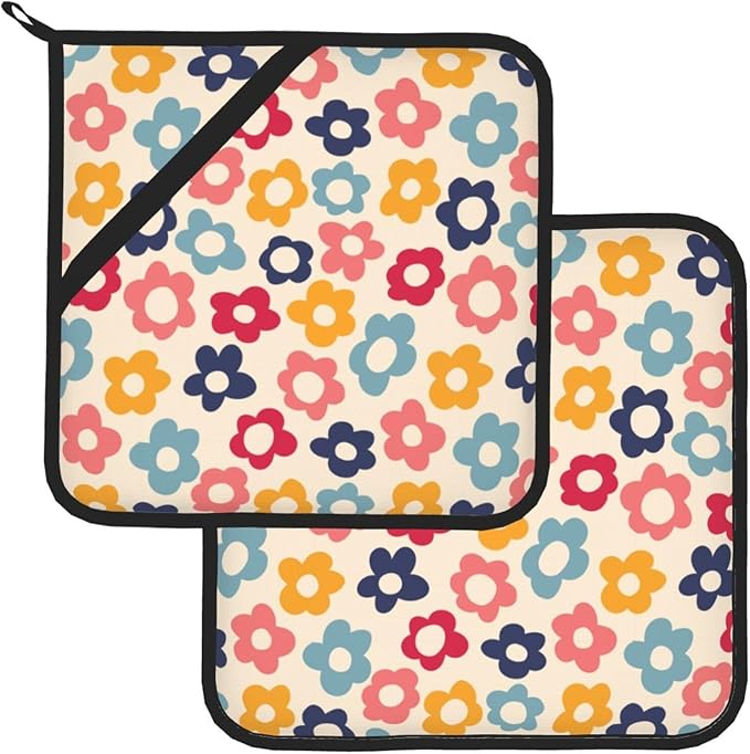 Colorful Daisy Pot Holders 2PCS, Pot Holder for Kitchen Heat Resistant Potholder for BBQ Cooking Baking,Food Hot Pat for Women Men Kitchen Wear(Vintage Hippie Groovy Flowers)