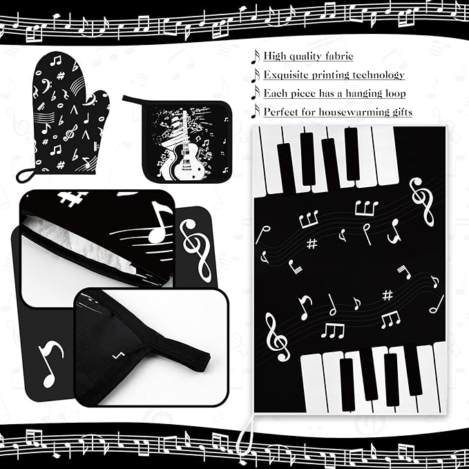 Leinuosen 8 Pcs Music Note Kitchen Decor Accessories Set Farmhouse Towels Oven Mitts Pot Holders Dishcloths Set Kitchen Decorative Absorbent Potholders for Chef Baking Cooking