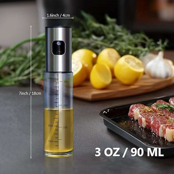 Oil Sprayer for Cooking, 3.5 OZ Olive Oil Dispenser Bottle for Kitchen Gadgets, Food, Air Fryer, Salad, Vinegar, BBQ, Stainless Steel Pump for Mist Spray, Glass Metarial Mister, 100 ML
