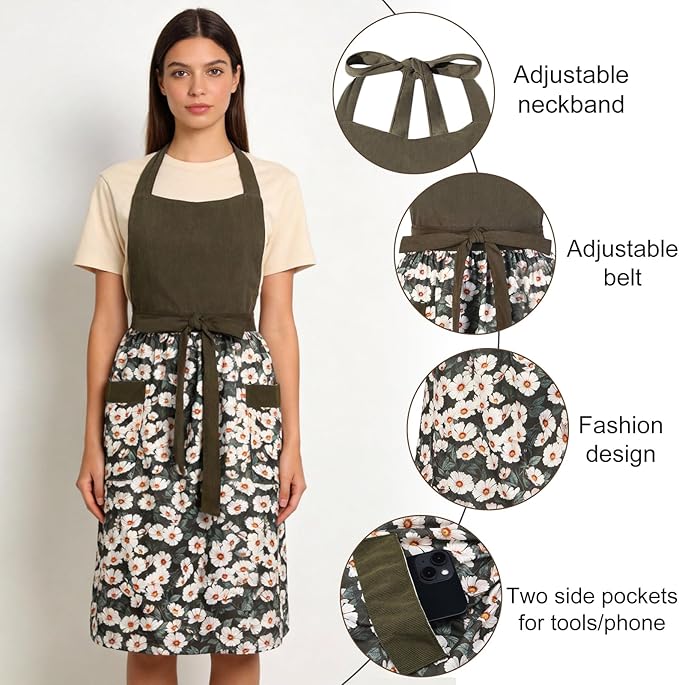 Cute Floral Aprons for Women with Pockets,Cotton Adjustable Neck Strap Apron for Kitchen Cooking Baking Gardening